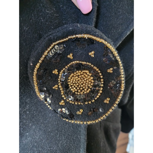 Vintage 80s Black 100% Wool Batwing Sleeve Coat Cape Beaded Button Medium - Picture 5 of 10